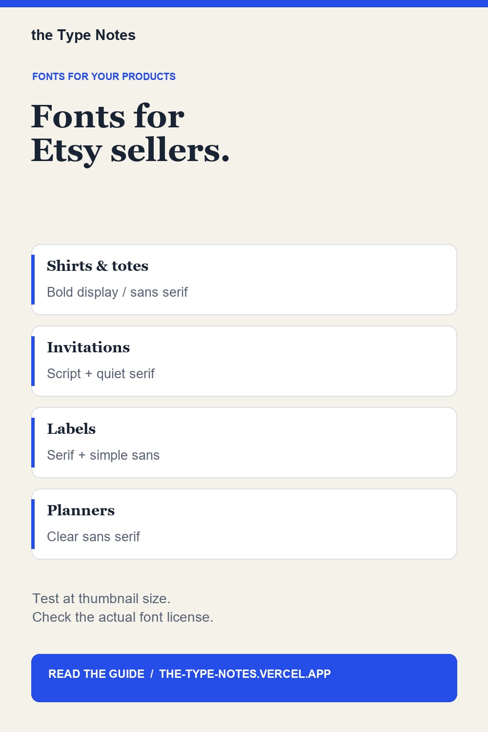 Etsy font style checklist: bold display for shirts, script and serif for invitations, serif and sans for labels, clear sans for planners.