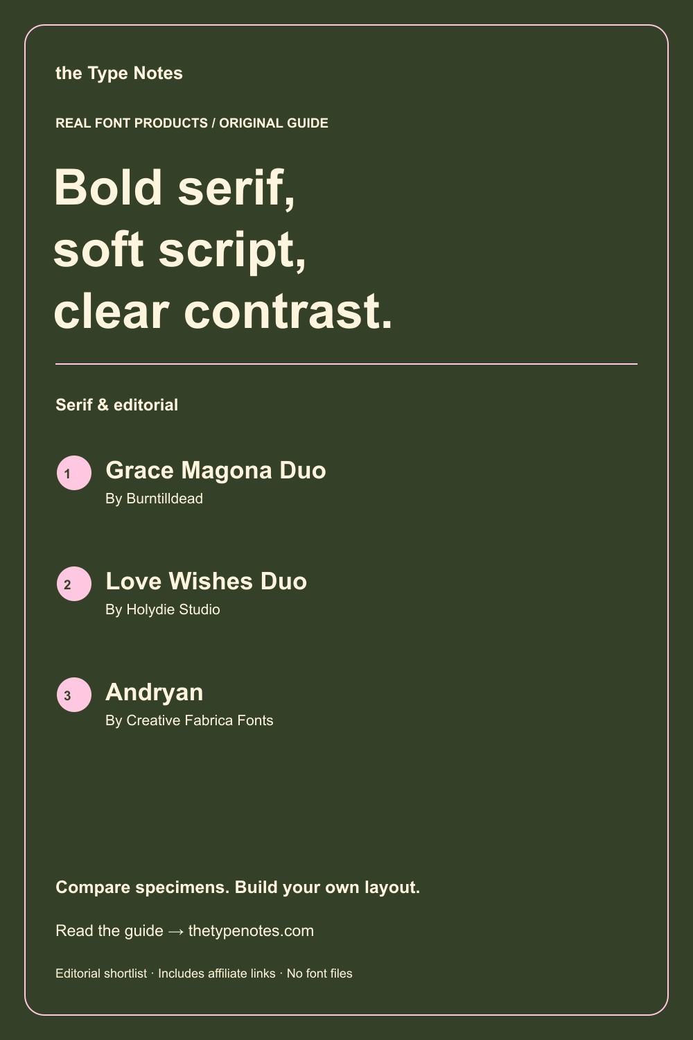 Bold serif and script contrast — guide and real product shortlist
