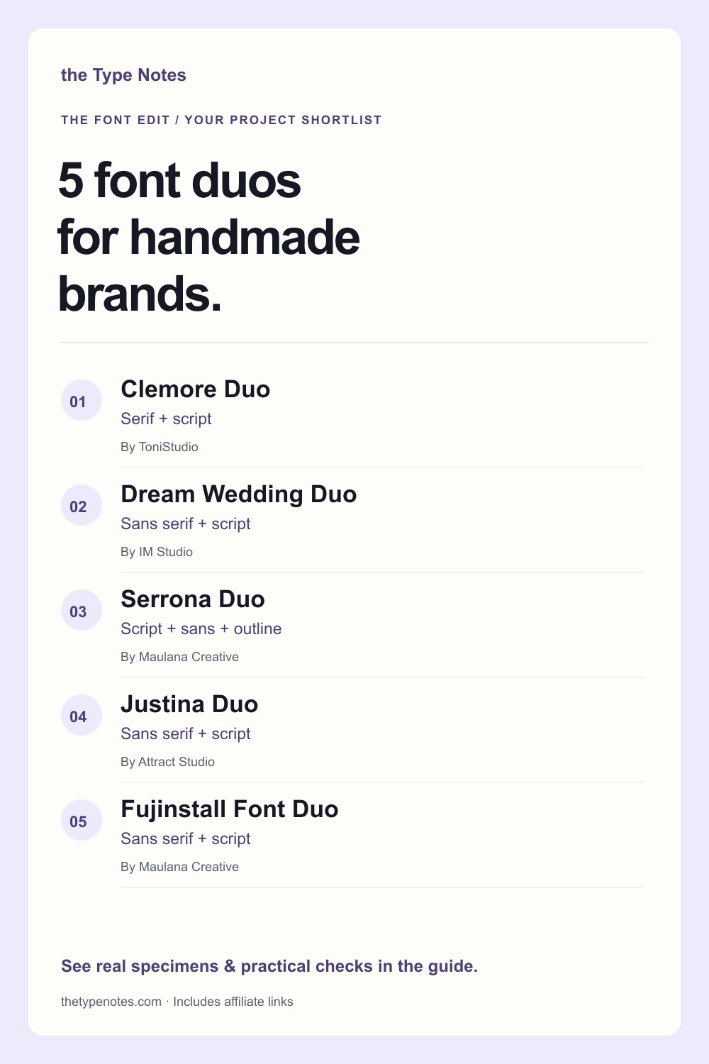 Five font duos for handmade brands, with roles for headlines, accents, and supporting details