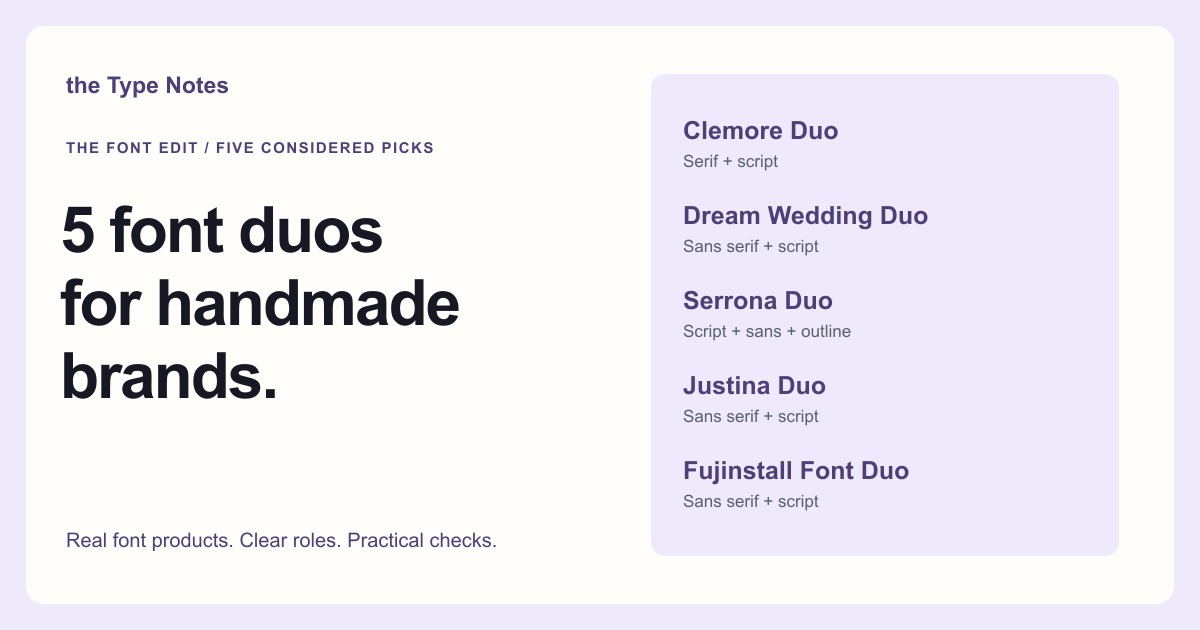 Five coordinated font products: Clemore Duo, Dream Wedding Duo, Serrona Duo, Justina Duo, and Fujinstall Font Duo