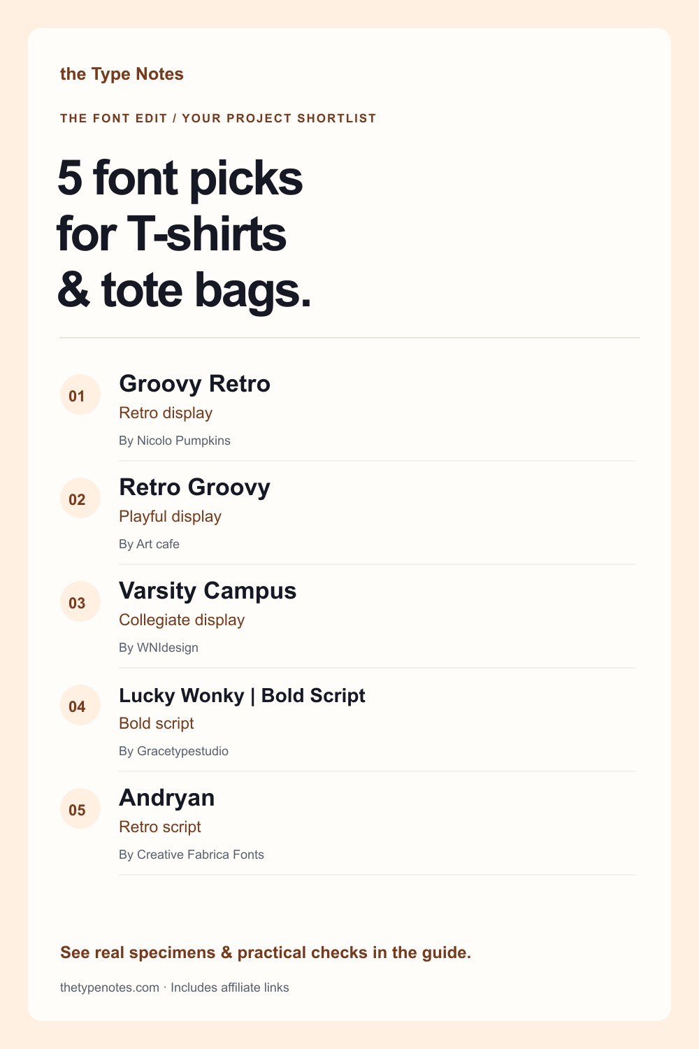 Five T-shirt font ideas with a shortlist of retro display, collegiate, and bold script options