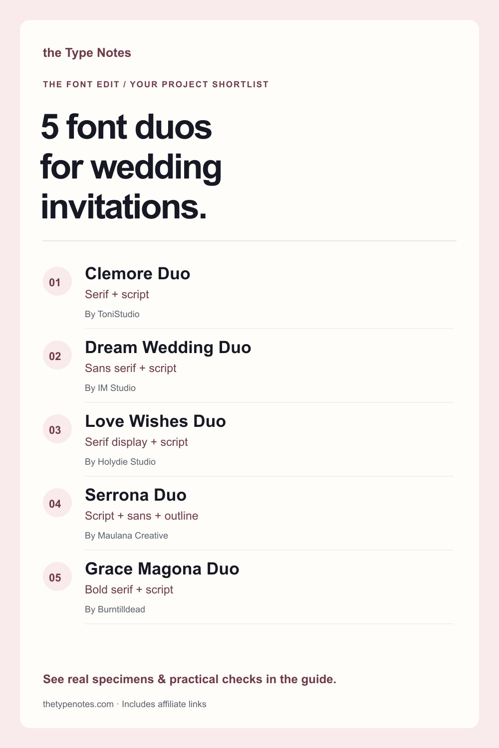 Five wedding invitation font duos for names, dates, and RSVP details