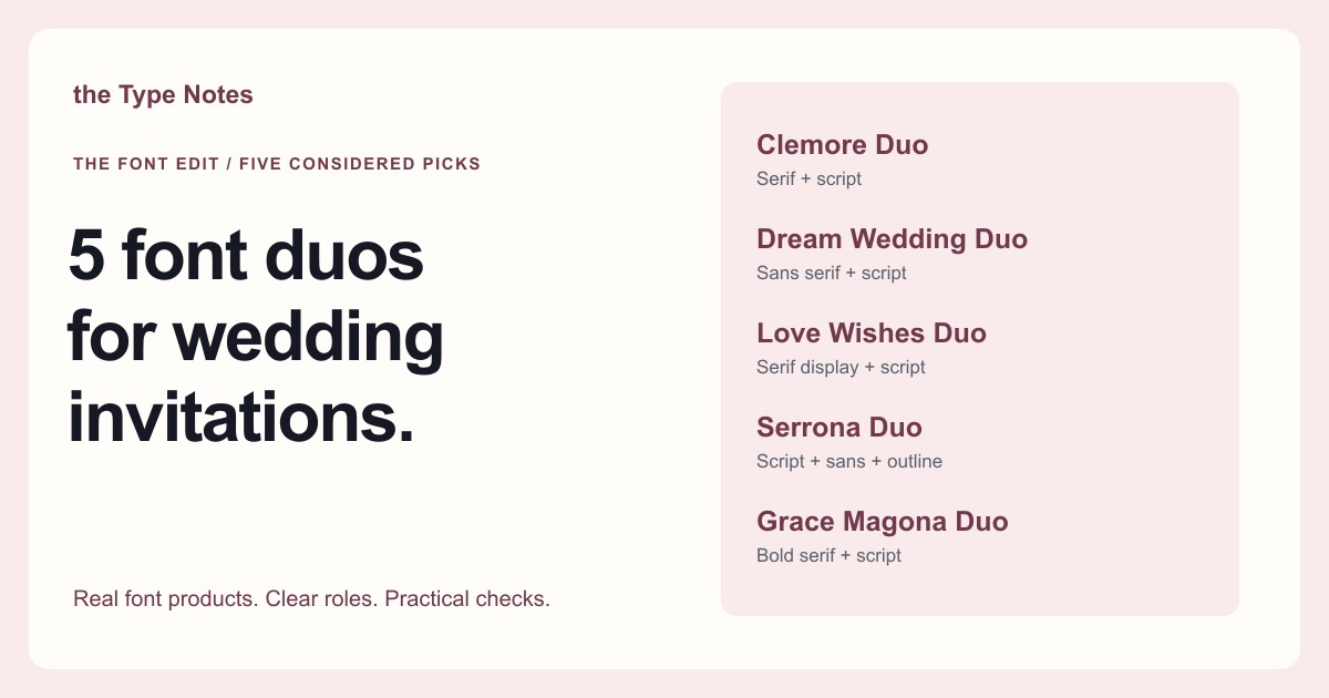 Wedding invitation font shortlist: Clemore Duo, Dream Wedding Duo, Love Wishes Duo, Serrona Duo, and Grace Magona Duo