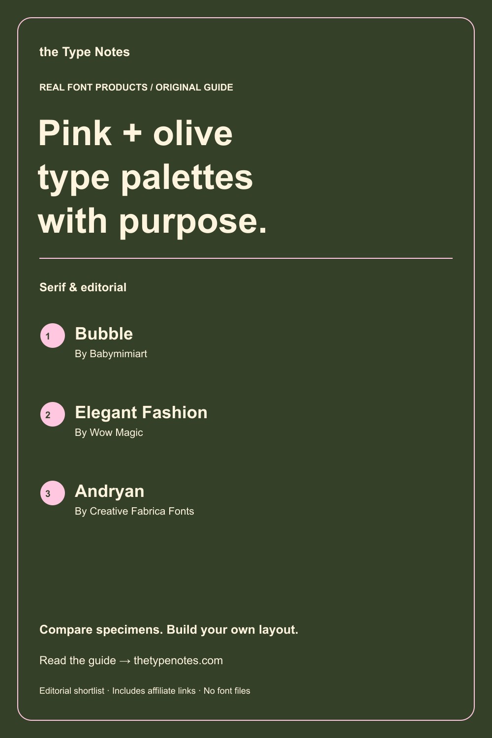 Pink and olive typography palettes — guide and real product shortlist