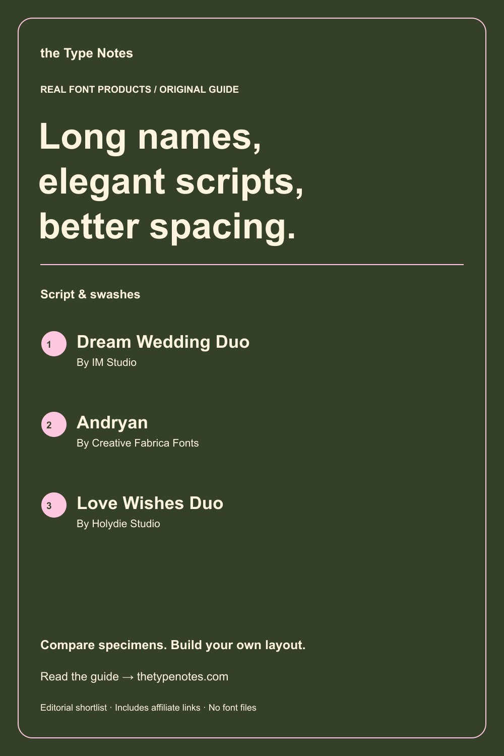 Script font spacing for long names — guide and real product shortlist