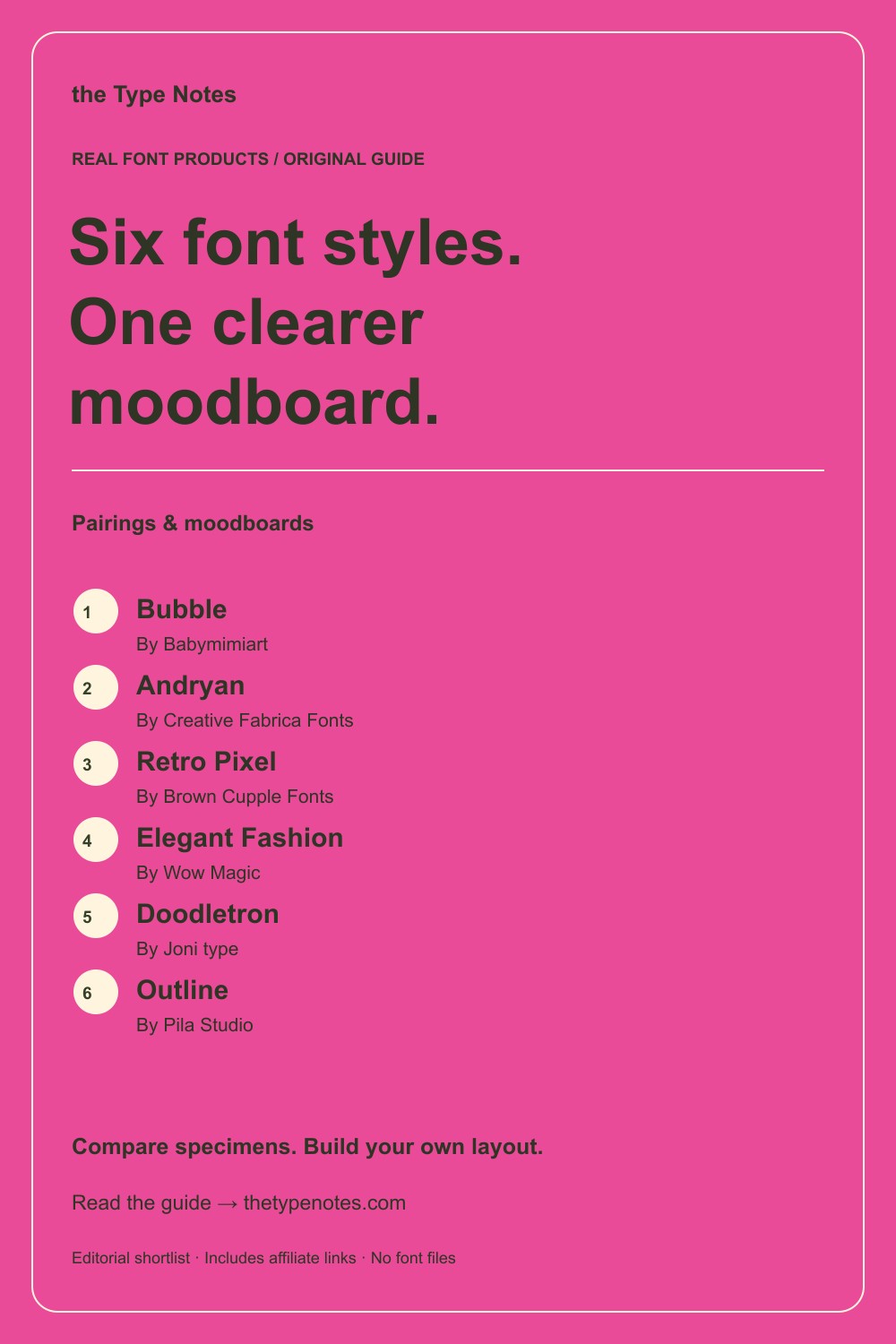 Six font styles for a creative moodboard — guide and real product shortlist